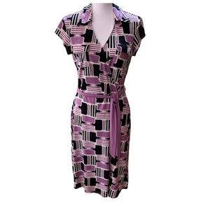 MIDI SHIRT DRESS V NECK CAP SLEEVES STRETCH FABRIC LAVENDER BLACK